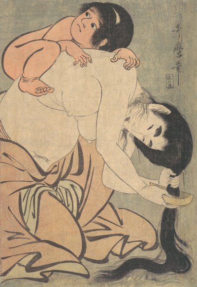 Yamauba kammar sitt hår och Kintoki, ca. 1801. av Kitagawa Utamaro