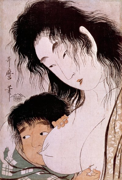 Yamauba och Kintaro: Det gamla japanska trycket av Utamaro Kitagawa (1753-1806). Sol. 0,37x0,25 m. 1801-1803. Paris, Guimet-museet, Nationalmuseet för asiatisk konst av Kitagawa Utamaro