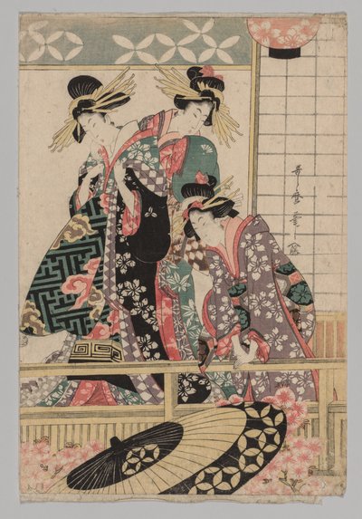Yoshiwara kvinnor tittar in på gatan på våren av Kitagawa Utamaro