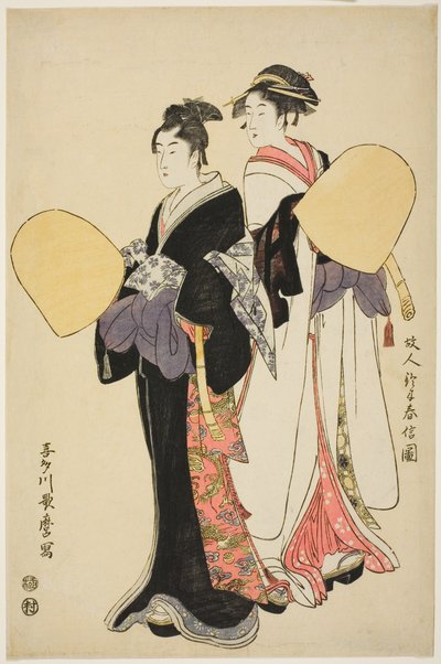 Ungt par utklädda till mentikermunkar av Kitagawa Utamaro