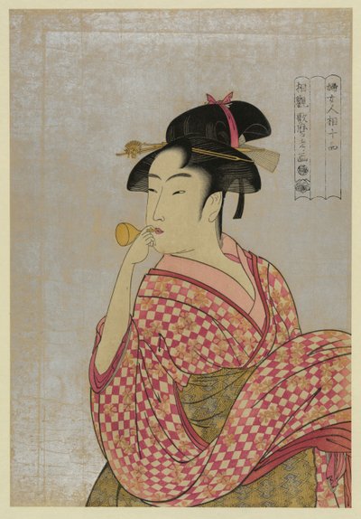 Young Woman Blowing a Glass Pipe poppin, från serien Ten Types in the Physiognomic Study of Wo av Kitagawa Utamaro
