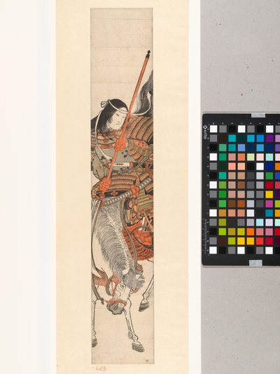 Kvinnlig krigare Tomoe Gozen i rustning med svärd på häst av Kitao Shigemasa (attributed to)