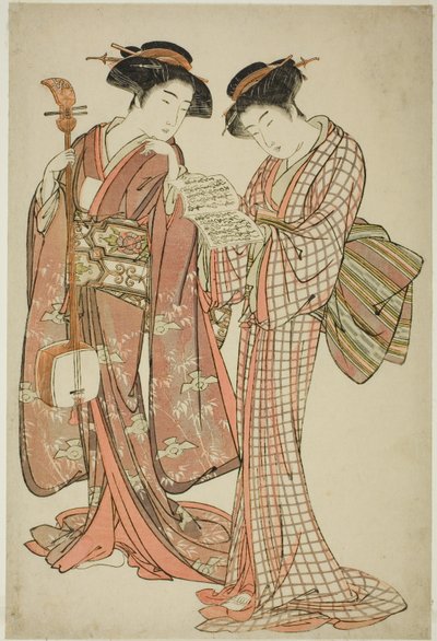 Två geishor som håller en Shamisen och en sångbok av Kitao Shigemasa