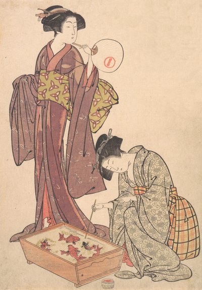 Två kvinnor som matar fisk, 1739-1820. av Kitao Shigemasa