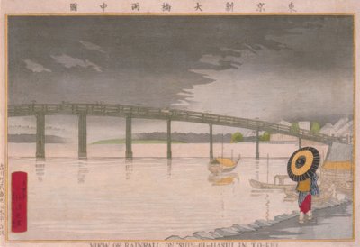 Utsikt över nederbörden på Shin Ohashi-bron i Tokyo (tidigare även To-kei) av Kiyochika Kobayashi