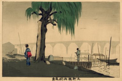 Avlägsen vy över Ryogoku från Motoyanagibron av Kiyochika Kobayashi