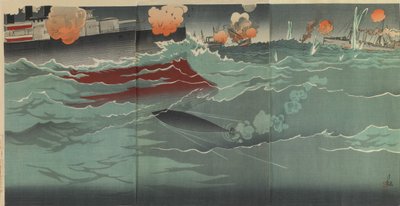 Vår torped träffar ett ryskt krigsfartyg i det stora sjöslaget vid Port Arthur, Meiji-perioden av Kiyochika Kobayashi