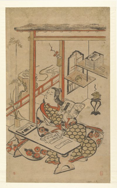 Kvinna vid bordet och läser Genjis berättelse. av Kiyomasu (I) , Torii (attributed to)