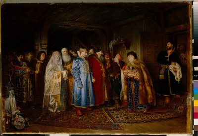 Boyarbröllop (boyar, boyar) på 1500-talet, bruden bär en kokochnik (Bojarens bröllop) - Olja på duk av Klavdi Vasilyevich Lebedev (1852-1916) av Klavdiy Vasilievich Lebedev