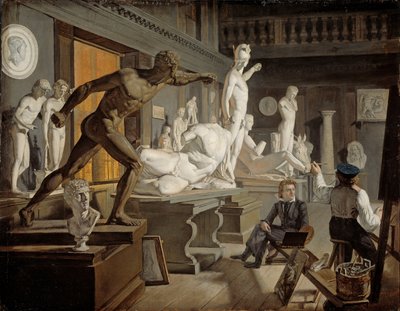 Norska bokmål:  Fra Kunstakademiet i København Scen från Kunstakademiet i Köpenhamn av Knud Baade