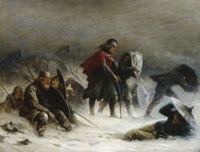 Kung Sverre i en snöstorm i Vossbergen av Knud Bergslien