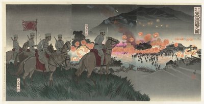 De kraftiga slag vid Asan, tillval via de Ansung rivier Gazan gekisen Anjô no watashi shingeki no zu av Kobayashi Kiyochika