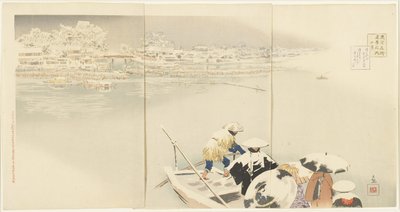 Februari: Matsuchiyanma Hill i skymningen i snö, mars 1896 av Kobayashi Kiyochika