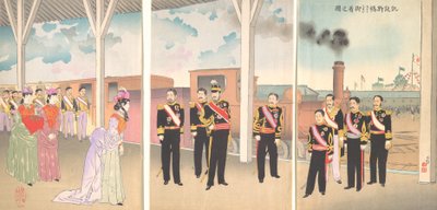 Illustration av kejsarens ankomst till Shinbashi Station efter en segergång..., 1895. av Kobayashi Kiyochika