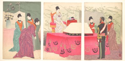 Illustration av kejsarinnans besök vid generalstabens högkvarter [för att överlämna en bricka med bandage] (Sanbō honbu gyōkei no zu) av Kobayashi Kiyochika
