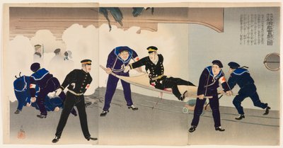 Kämpar hårt på Battleship Hatsuse i hamnen i Port Arthur av Kobayashi Kiyochika
