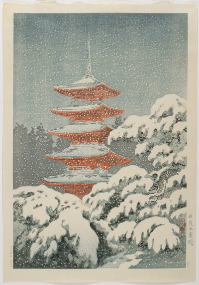 Fem våningar hög pagod vid Nikko_-helgedomen, ca. 1930-1940 av Koitsu Tsuchiya