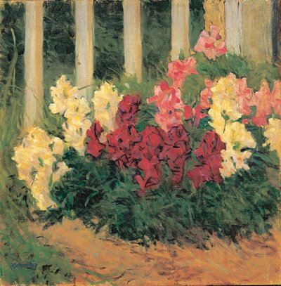 Blumenstrauch vor Gartenzaun - Blommor framför ett trädgårdsstaket ... (olja på duk) av Koloman Moser
