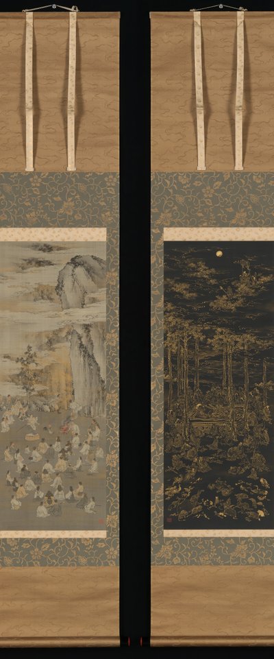 Lura solgudinnan Amaterasu ut ur en grotta, den historiska Buddhas död..., sent 1800-tal av Kono Bairei