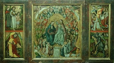 Jungfruns kröning; Kristi dop; Johannes Döparens död; St. George som dräper draken (triptyk) av Konrad von Friesach