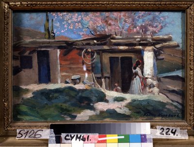Krim, mandelträd i blom. (Krim, blommande mandelträd). Ung kvinna framför ett litet trähus, under rosa mandelträd. Målning av Konstantin Alexeyevich Korovin (Constantin Korovin) (1861-1939), olja på duk av Konstantin Alekseevich Korovin