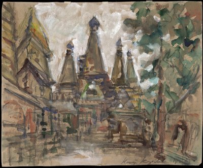 Förberedelseuppsättning för operan Tsarens brud, av Nicolai Rimsky-Korsakov - Scenografi för operan Tsarens brud av N. Rimsky-Korsakov av Korovin, Konstantin Alexeyevich (1861-1939). Temperation på kartong av Konstantin Alekseevich Korovin