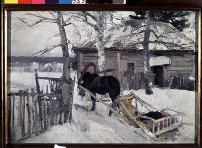 Vinter (vinter). En häst och vagn på gården till ett trähus, på landsbygden, under snön. Målning av Konstantin Alexeyevich Korovin (Constantin Korovin) (1861-1939), olja på duk av Konstantin Alekseevich Korovin