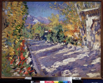 Vägen till Gourzuf (Krim, Ryssland). (Vägen till Gurzuf). Skuggig väg mitt i sommaren som leder till berget nära stranden Målning av Konstantin Alexeyevich Korovin (Constantin Korovin) (1861-1939), olja på duk av Konstantin Alekseevich Korovin