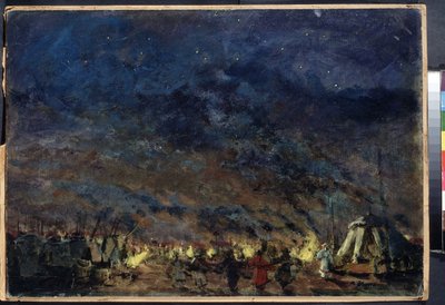 The Polovtsian Camp, Scenografi för Operan Prince Igor av Alexander Borodin - (The Polovtsian Camp - Scenografi för Operan Prince Igor av Alexander Borodin) - Under en stjärnklar himmel ramar lägrets tält in lampornas ljus, i av Konstantin Alekseevich Korovin
