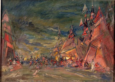 Polovtsernas militärläger (eller Couman, Kuman). Förberedande dekor för operan ""Prins Igor"" av Alexandre Borodin (Borodin) (1833-1887). Verk av Konstantin Alexeyevich Korovin (Constantin Korovin) (1861-1939), olja på kartong av Konstantin Alekseevich Korovin