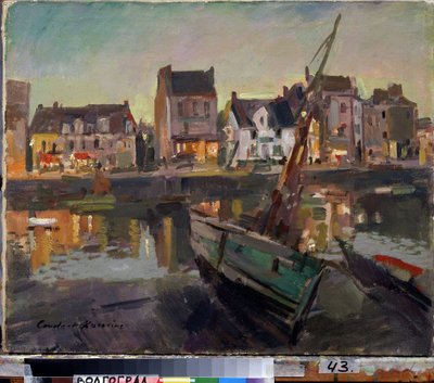 Marseille (Frankrike) (Marseille). En båt på stranden av den gamla hamnen i Marseille, framför fasaderna upplysta av kvällsljus. Målning av Konstantin Alexeyevich Korovin (Constantin Korovin) (1861-1939), olja på duk av Konstantin Alekseevich Korovin