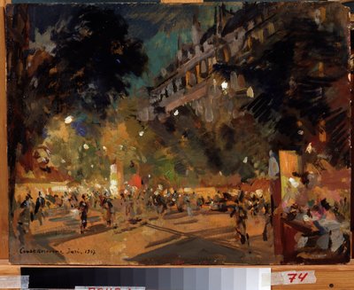Paris, Frankrike (Paris). Beskrivning av Boulevard Montmartre och dess animation en sommarkväll. Målning av Konstantin Alexeyevich Korovin (Constantin Korovin) (1861-1939), olja på duk av Konstantin Alekseevich Korovin