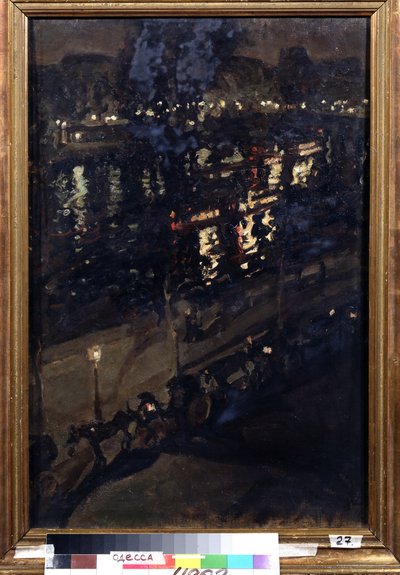 Paris på natten (Paris på natten). Utsikt över Seines kajer, med en häst och vagn, och stadens ljus som reflekteras på vattenytan. Målning av Konstantin Alexeyevich Korovin (Constantin Korovin) (1861-1939), olja på duk, rysk konst av Konstantin Alekseevich Korovin