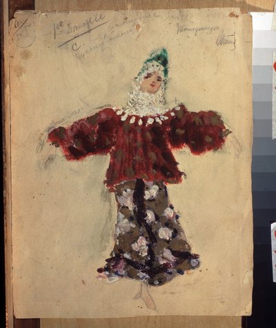 Kostymdesign för baletten den lilla puckelryggade hästen av Cesare Pugni (1802-1870) (Dräktdesign för baletten den lilla puckelryggade hästen av C.Pugni). Verk av Konstantin Alexeyevich Korovin (Constantin Korovin) (1861-1939), akvarell på papper av Konstantin Alekseevich Korovin