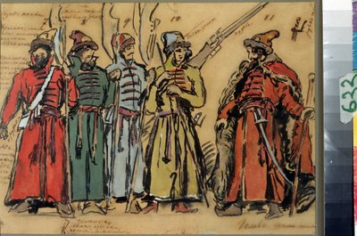Kostymdesign för operan Khovanshchina eller Khovansky-prinsarna av Modeste Mussorgsky (1839-1881) (Dräktdesign för operan Khovanshchina av M.Musorgsky). Verk av Konstantin Alexeyevich Korovin (Constantin Korovin) (1861-1939), akvarell, gå av Konstantin Alekseevich Korovin