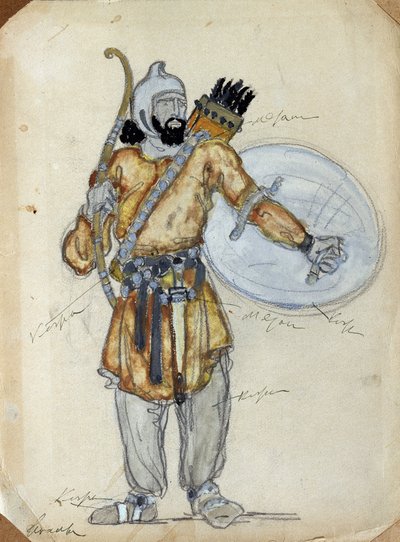 Kostymdesign för operan Prince Igor av Alexander Borodin (1833-1887) (Dräktdesign för operan Prince Igor av A. Borodin). Verk av Konstantin Alexeyevich Korovin (Constantin Korovin) (1861-1939), akvarell och gouache på papper av Konstantin Alekseevich Korovin