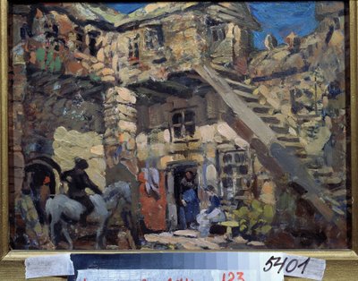 Scenografi för baletten Don Quijote av Leon (eller Ludwig) Minkus (1826-1917) (Scenografi för baletten Don Quijote av L. Minkus). Verk av Konstantin Alexeyevich Korovin (Constantin Korovin) (1861-1939), gouache på kartong av Konstantin Alekseevich Korovin