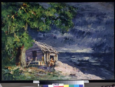 Designprojekt för baletten Le Poisson Dore av Ludwig (Leon) Minkus (Scenografi för baletten Den gyllene fisken av Ludwig Minkus) - En träkoja vid havet - Verk av Konstantin Alexeyevich Korovin (Constantin Korovine) (1861) -1939) , tempel av Konstantin Alekseevich Korovin