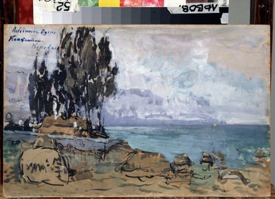Scenografi för baletten Svansjön av Piotr Ilitch Tchaikovsky (1840-1893) (Scenografi för baletten Svansjön av P. Tchaikovsky). Landskap, stranden av en sjö med en klump av träd. Konstverk av Konstantin Alexeyevich Korovin (Constantin Koro av Konstantin Alekseevich Korovin