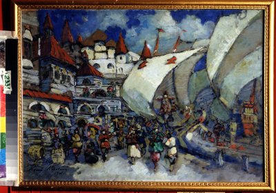 Scenografi för Opera Sadko av Nicolas (Nikolai) Rimsky Korsakov (Rimsky-Korsakov) (1844-1908) (Scenografi för Opera Sadko av N. Rimsky Korsakov (Rimsky-Korsakov). Beskrivning av en stad och träbyggnader byggda på en animerad kaj eller av Konstantin Alekseevich Korovin