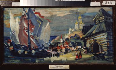 Designprojekt för operan Sadko av Nicolas (Nikolai) Rimsky Korsakov (Rimsky-Korsakov) (1844-1908) (Scendesign för operan Sadko av N. Rimsky-Korsakov (Rimsky Korsakov). Ett högt skepp på kajen i en stad med träbyggnader. av Konstantin Alekseevich Korovin
