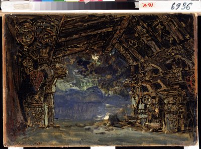 Scenografi för operan Twilight of the Gods av Richard Wagner. (Scenografi för operan The Twilight of the Gods av R. Wagner). Verk av Konstantin Alexeyevich Korovin (Constantin Korovin) (1861-1939), tempera på kartong av Konstantin Alekseevich Korovin