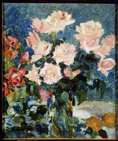 Rosor (Rosor). Målning av Konstantin Alexeyevich Korovin (Constantin Korovin) (1861-1939), olja på duk, cirka 1930. Stilleben, rysk konst från 1900-talet, postimpressionism. State Art useum, Yaroslavl (Ryssland). av Konstantin Alekseevich Korovin