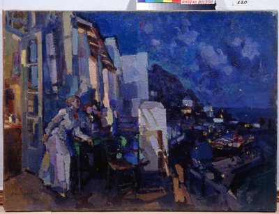 Kväll på verandan. En kvinna utnyttjar utsikten över staden som sträcker sig in i natten framför hennes terrass. Målning av Konstantin Alexeyevich Korovin (Constantin Korovin) (1861-1939), olja på duk av Konstantin Alekseevich Korovin