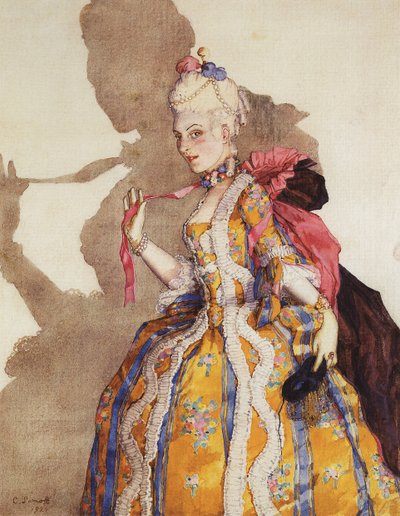 Costume pour Marquise, interpretee par Tamara Karsavina (1885-1978) - Kostymdesign för Tamara Karsavina som Marquise. Musik av Mozart - Konstantin Andreyevich Somov (1869-1939). Akvarell, Gouache på papper av Konstantin Andreevic Somov
