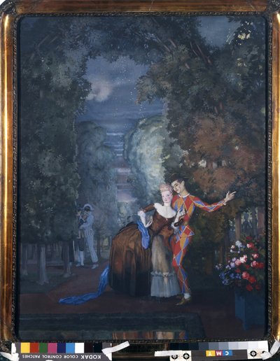 Harlequin and a Lady, 1912 (wc och gouache på kartong) av Konstantin Andreevic Somov