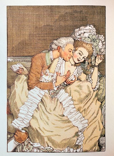 Illustration till ""Le Livre de la Marquise"" av Franz Blei (Illustration till Marquiseboken av Franz Blei) (en marchioninna som skämtar med en otålig älskare) - Verk av Konstantin (Constantin) Andreyevich Somov (1869-1939), etsning av Konstantin Andreevic Somov