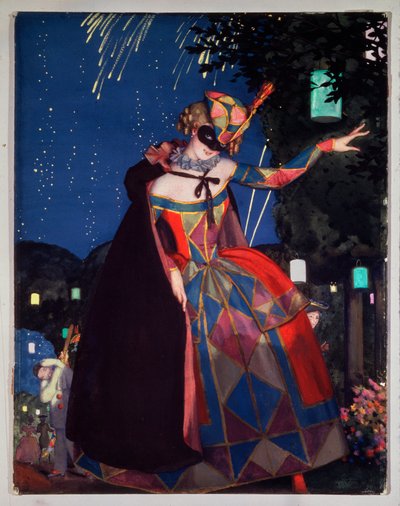 Columbines språk. Verk av Konstantin (Constantin) Andreyevich Somov (1869-1939), akvarell och gouache på kartong av Konstantin Andreevic Somov