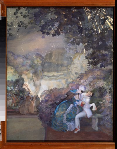 Pjerrot och en kvinna. (Flörtar på maskeradbal). Verk av Konstantin (Constantin) Andreyevich Somov (1869-1939), gouache på papper av Konstantin Andreevic Somov