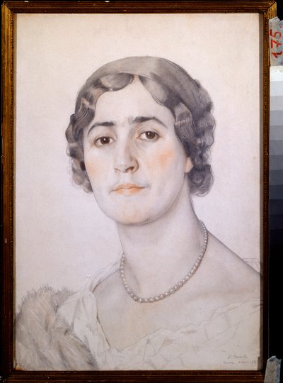 Porträtt av skådespelerskan D G Karysheva (?) (Porträtt av skådespelerskan D G Karysheva) - Verk av Konstantin (Constantin) Andreyevich Somov (1869-1939), akvarell, sangvin och pastell på papper av Konstantin Andreevic Somov